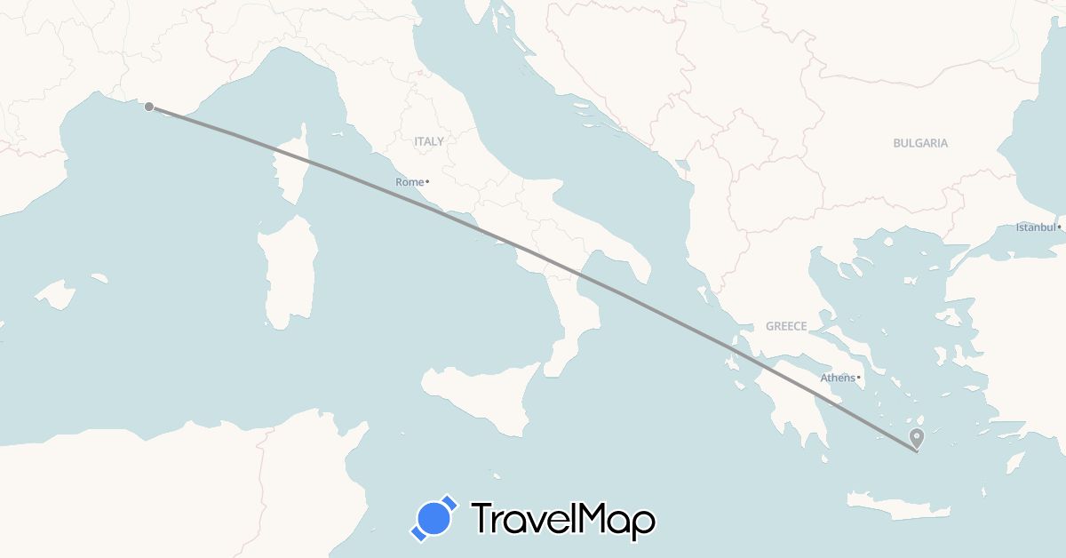 TravelMap itinerary: driving, plane in France, Greece (Europe)